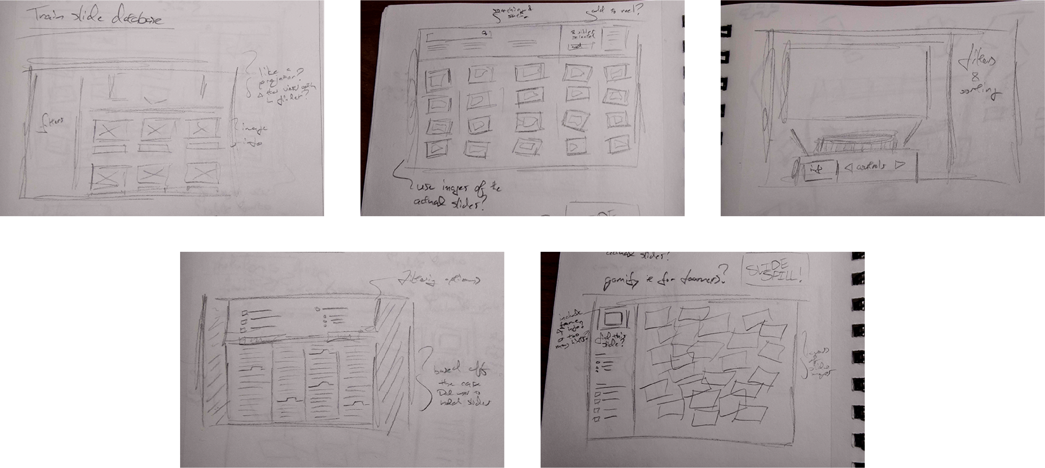 Five sketches of different user interface ideas.