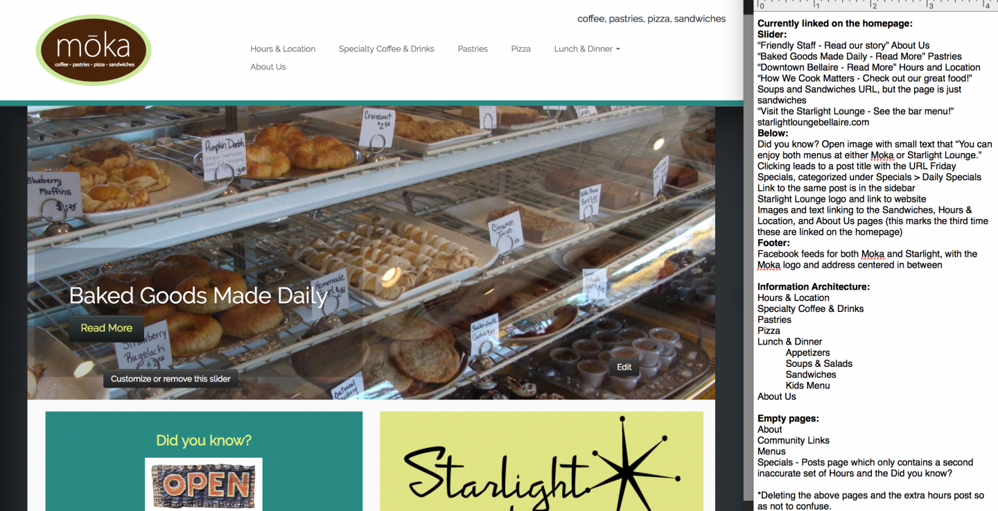 Screenshot of a restaurant website with a horizontal navigation, logo reading 'moka,' and a slider image with a pastry case and text that reads, 'Baked goods made daily!' alongside a window with a plaintext document full of notes.