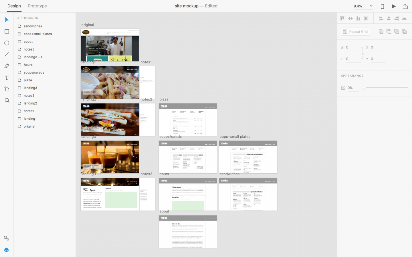 A screenshot of artboards in Adobe XD. While the landing page uses images to visualize a sliding banner, most screens are colorless and function as wireframes.