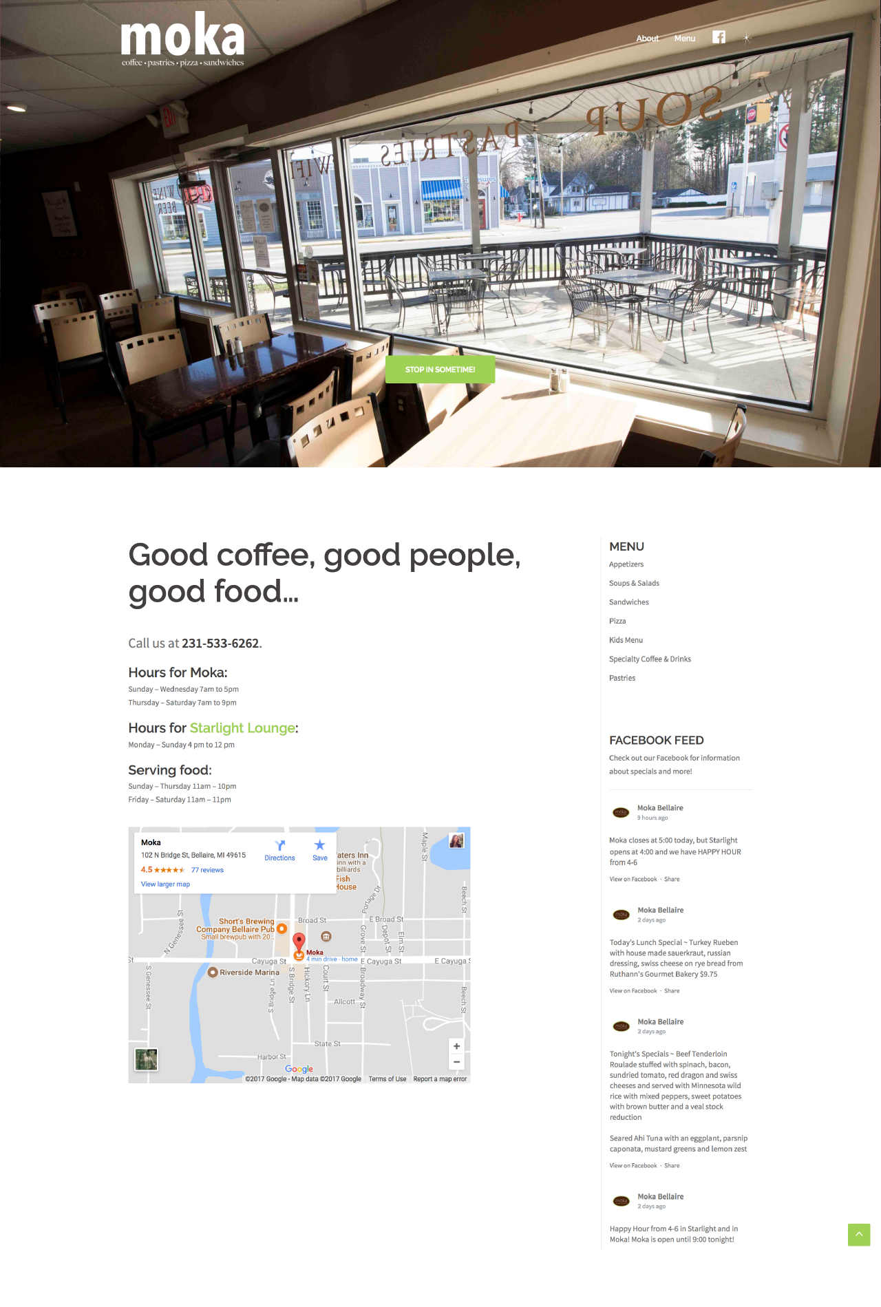 A webpage with a full-screen photo of a view from inside the building and a top navigation. It contains information about hours and location as well as a Facebook feed sidebar below.