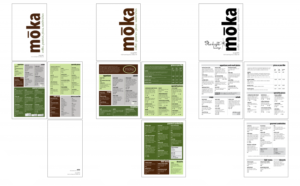 Three versions of a simple four-panel menu, changing in size and going from color to black-and-white.