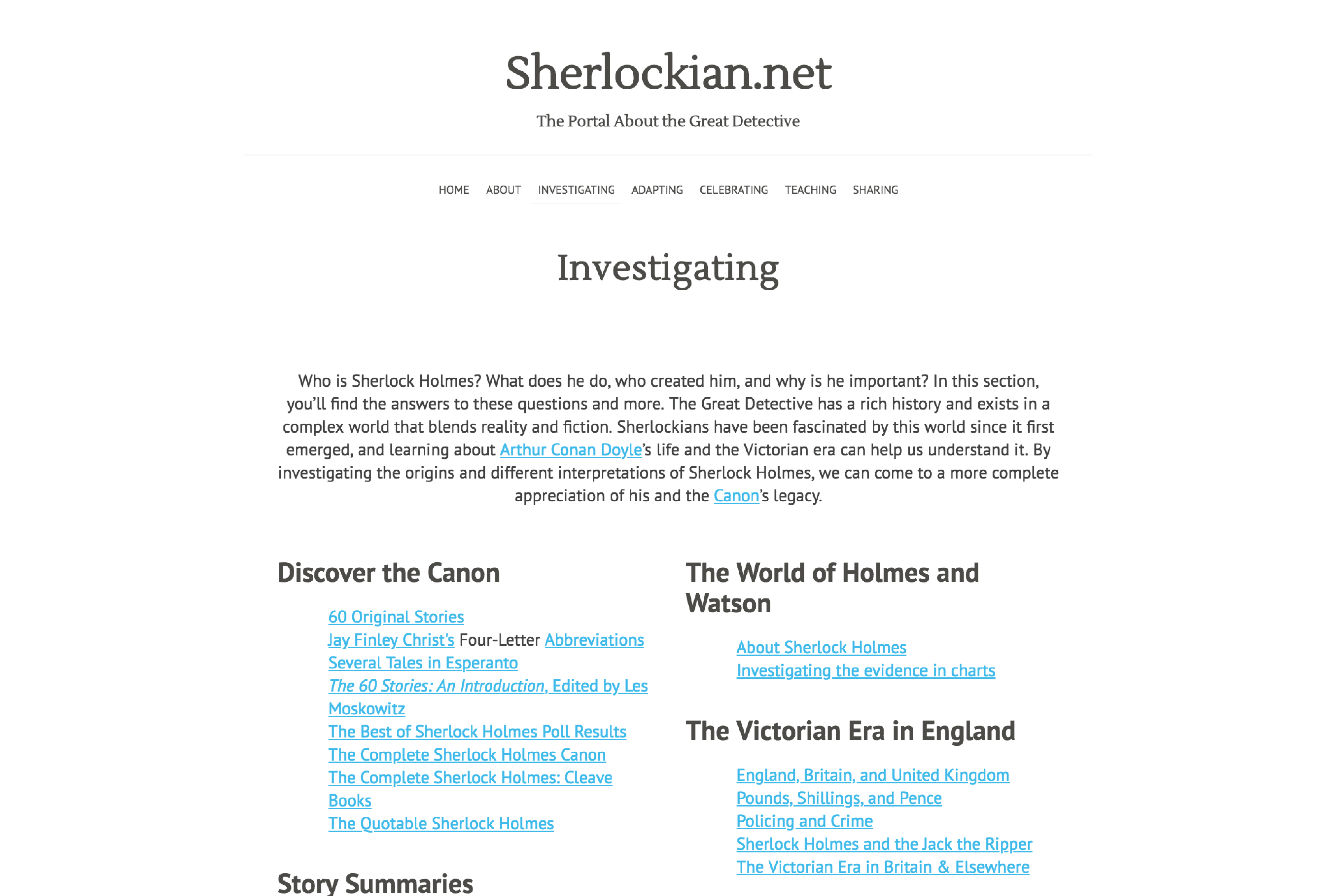 A simple-looking website with grey text, serif high-level headings, bold sans-serif low-level ones and bright blue links.