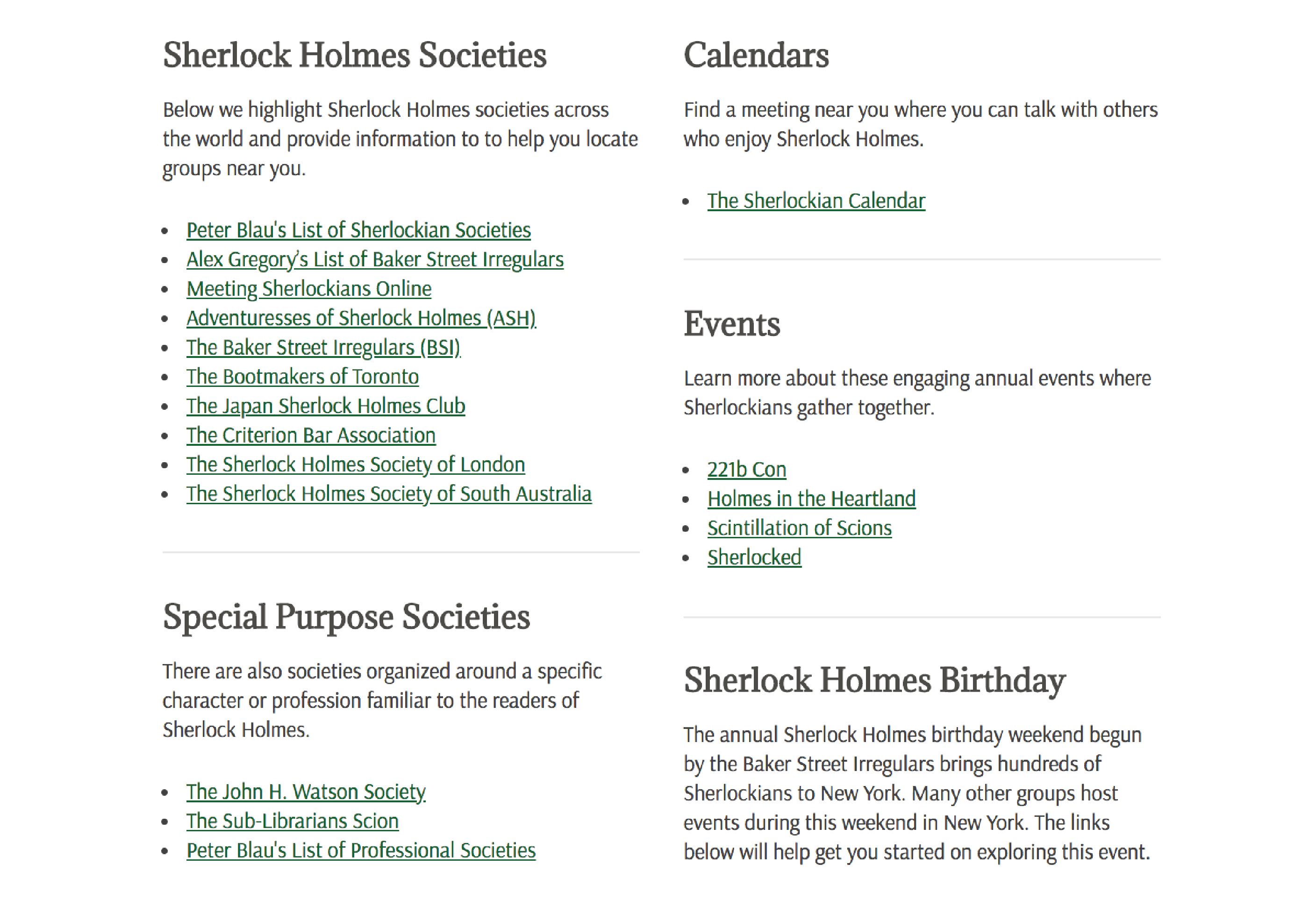 Headings and unordered lists of links styled according to the Sherlockian.net guide.