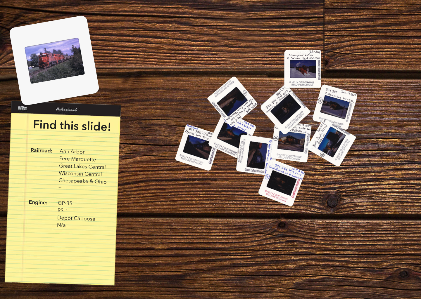 An interface full of texture: photos of slides, a wooden floor background, and an off-kilter legal pad make up the elements in this UI.