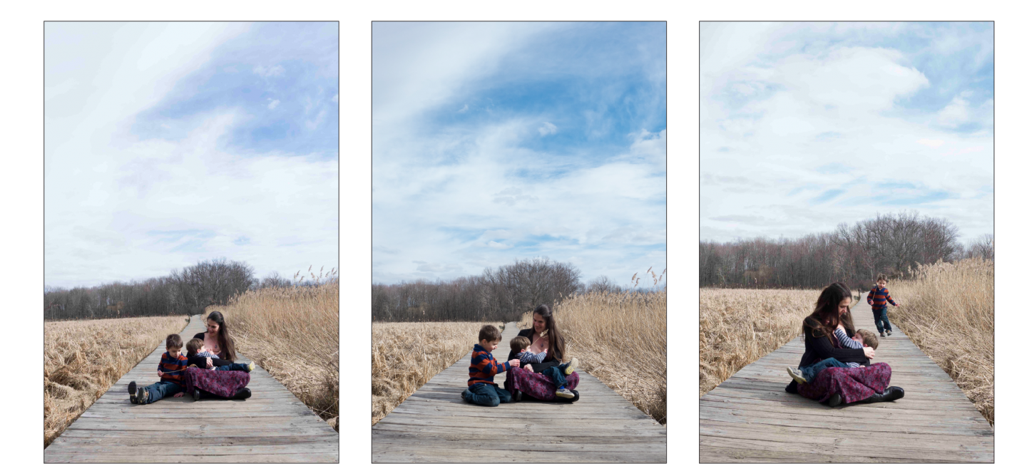 Three photographs of a mother sitting on a boardwalk nursing her young child while her older boy plays nearby.