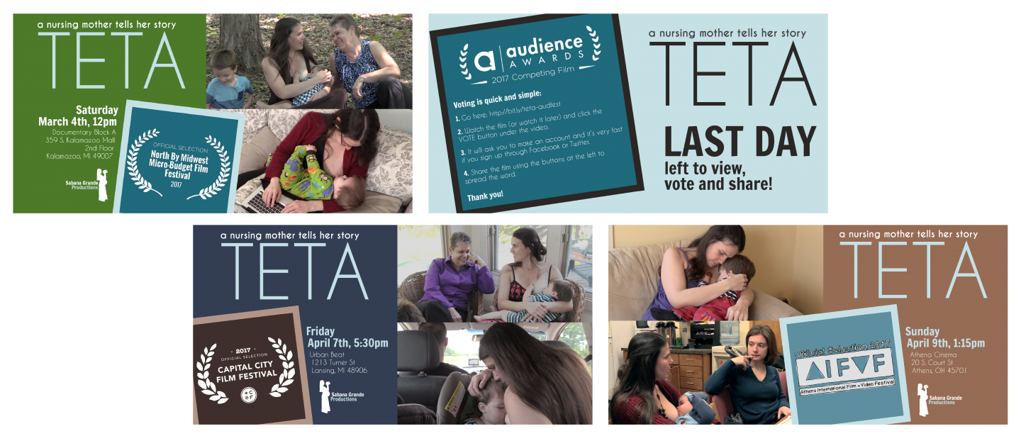 Templates for social media images announcing Teta's acceptance into films and deadlines to vote for the film in online campaigns.